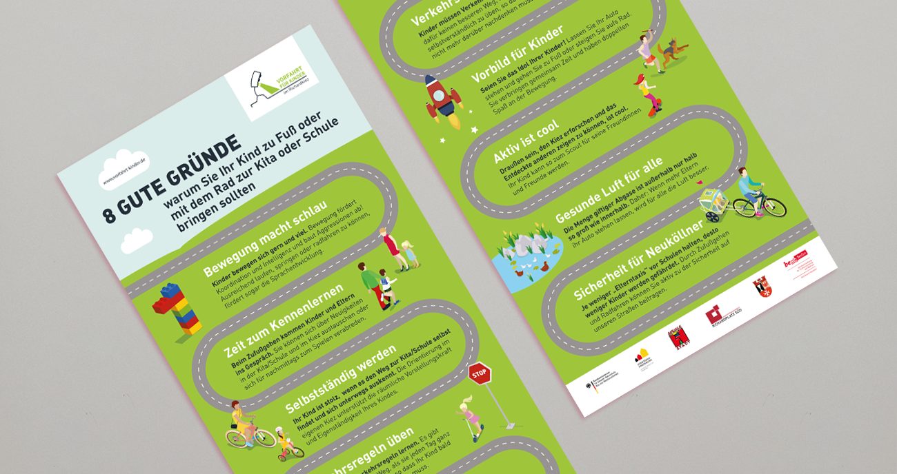 Vorfahrt für Kinder – Plakat Flow-Chart "positive Effekte warum Sie Ihr Kind z Fuß oder mit dem Rad zur Kita oder Schule bringen sollten"