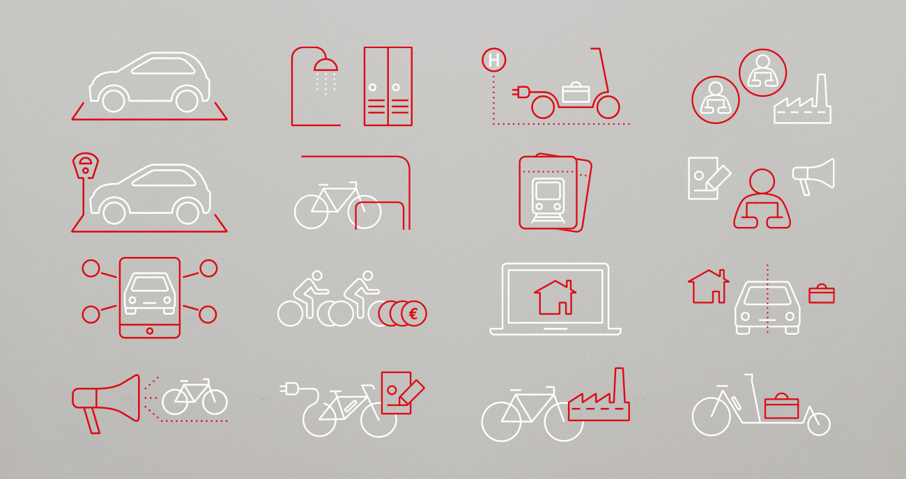 Icons zu nachhaltigen Mobilitätsmaßnahmen in Betrieben / © Yvonne Hagenbach, Lesotre